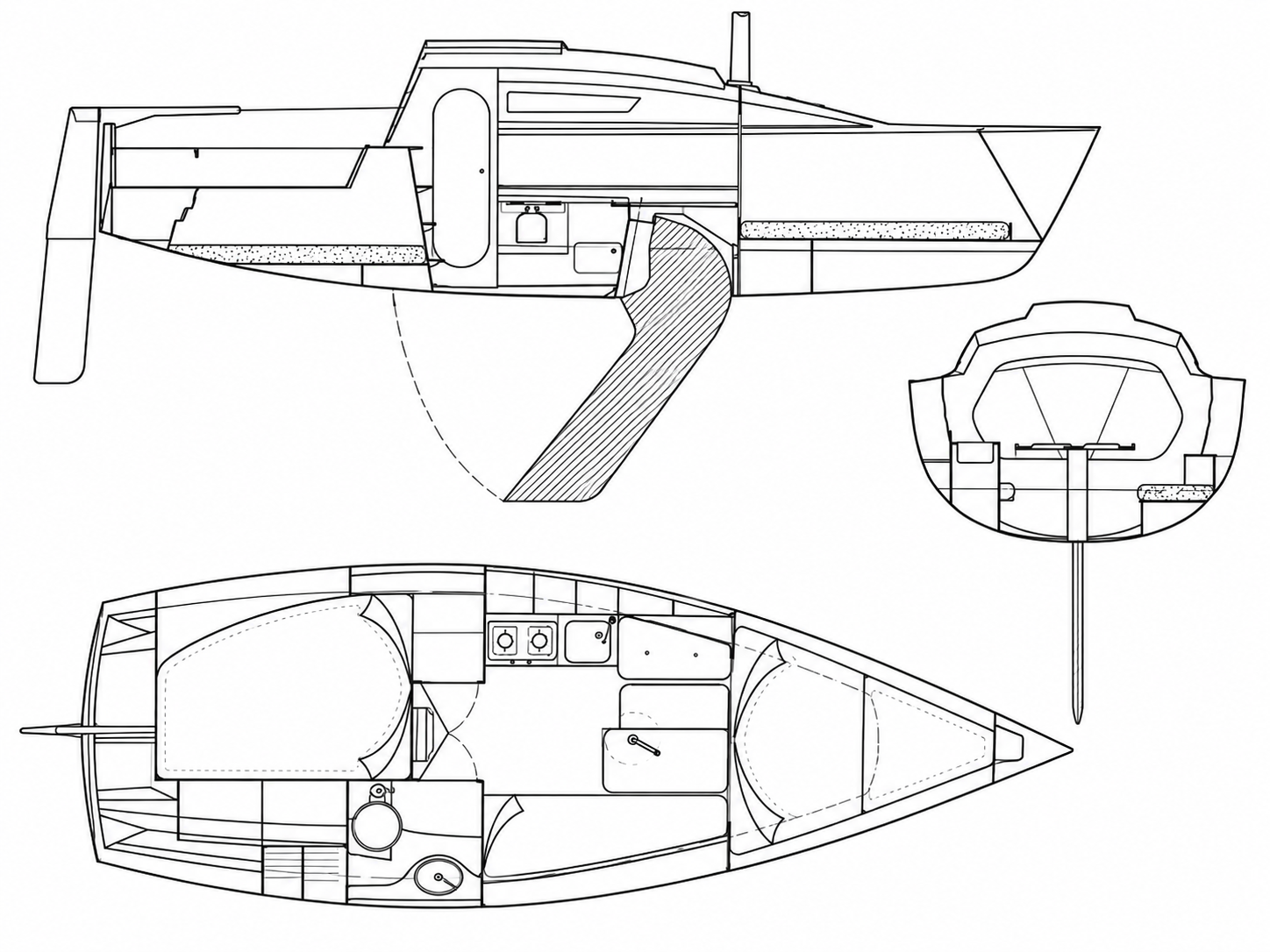 Beneteau First 24 layout drawing showing side section, stern section, and cabin plan.